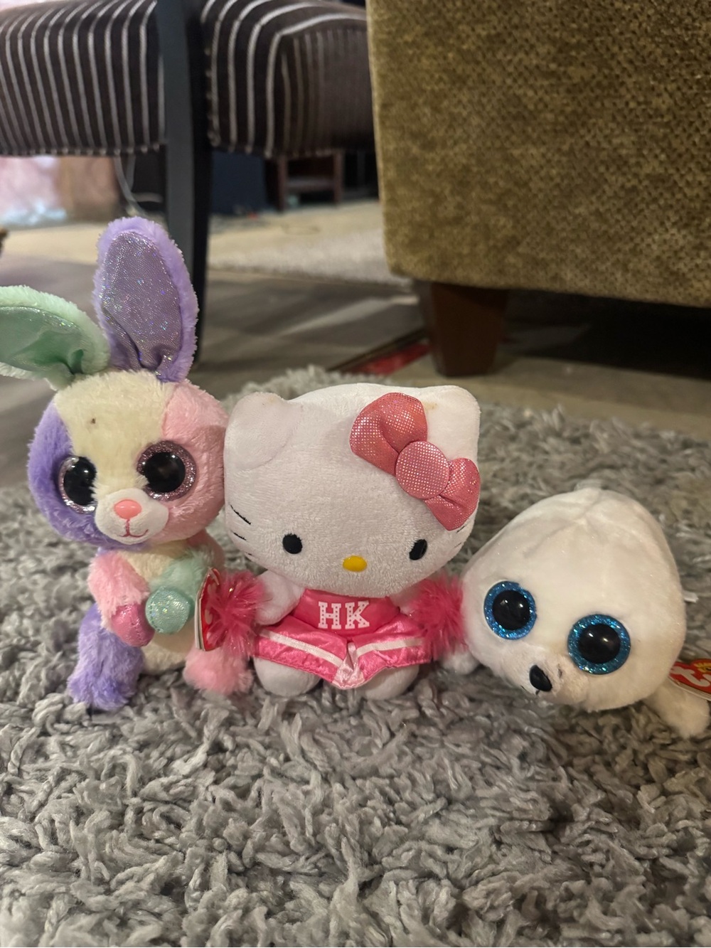 Ty Plush Bundle - Multicolor Bunny, Pink Hello Kitty, White Seal